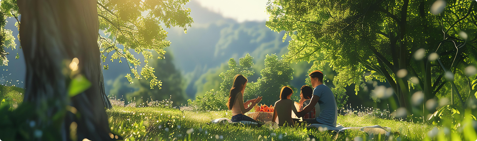 숲 속에서 휴식 중인 가족 모습