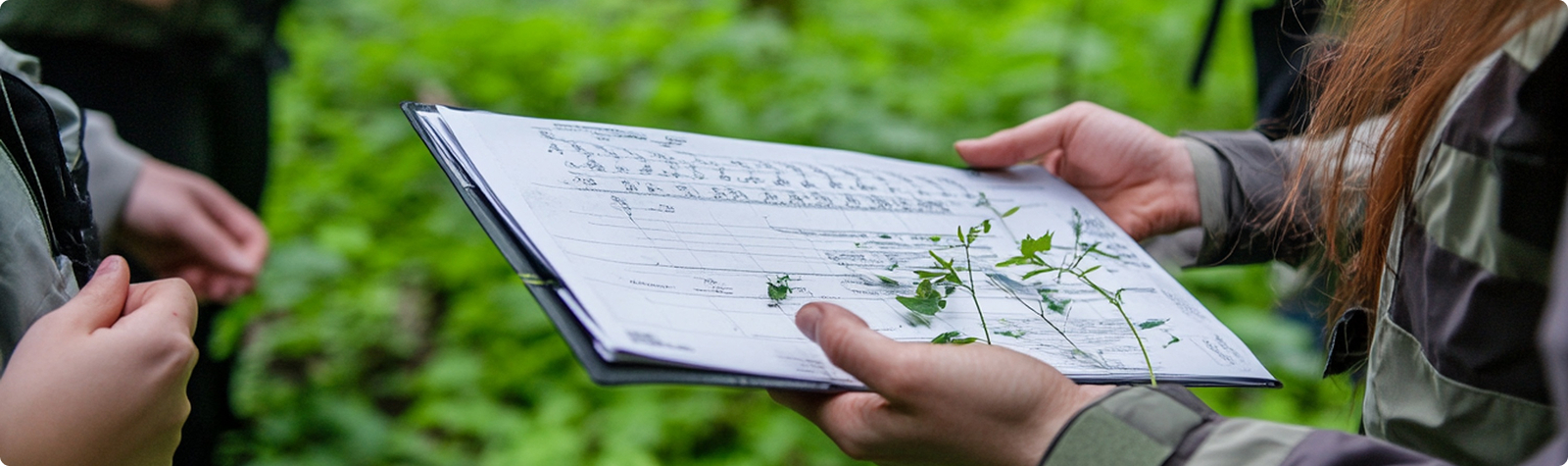 산림 현장에서 조사표를 작성하는 모습