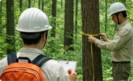 산림 입목 조사를 수행하는 장면